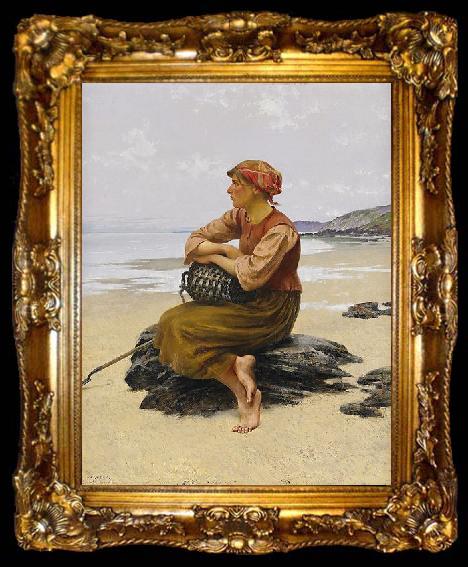 framed  August Hagborg Sittande ostronplockerska pa stranden, ta009-2